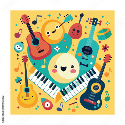 Musical Border with Guitars Pianos and Smiling Notes