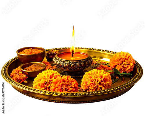 Minimal Brass Puja Thali with Single Oil Lamp, Marigold Flowers, and Tilak Powder, Centered Composition, isolated on transparent background
