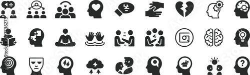 Mental health and communication icons including brain, mind, therapy, meditation, emotional support, thinking, conversation, and psychological concepts in solid style.