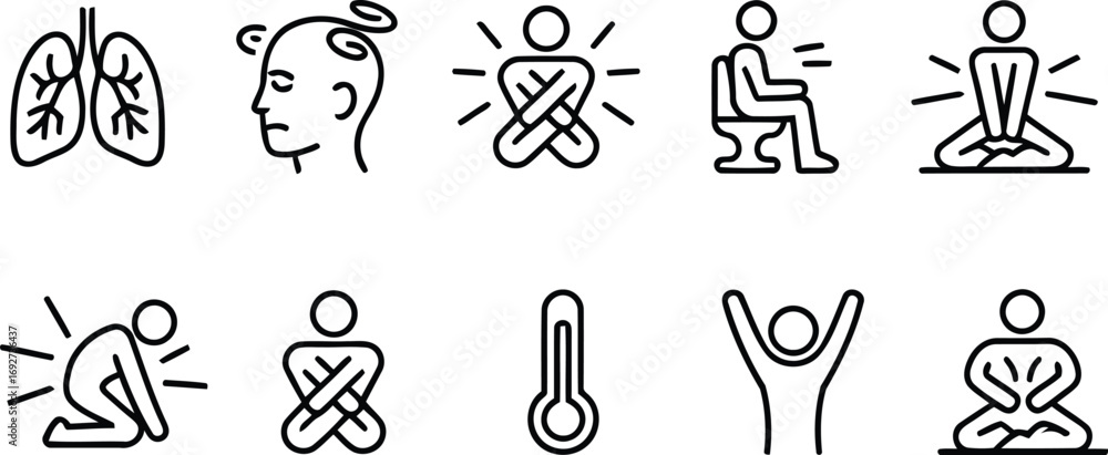 Obraz premium Collection of Medical Condition Pictograms Representing Symptoms Illness and Well Being Featuring Pulmonary Lung Disease Headache Constipation and Sitting on Toilet