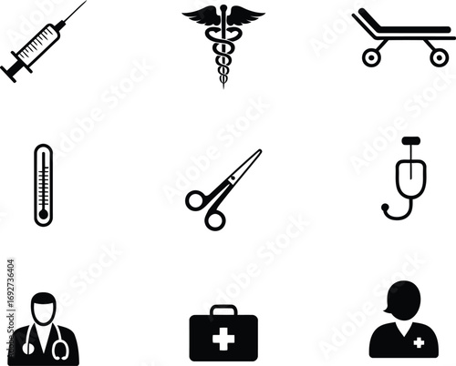 Medical Iconography: A Collection of Essential Healthcare Symbols Representing Medicine, Diagnosis, and Treatment with a Syringe, Stretcher, and Doctor
