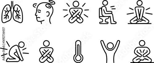 Collection of Medical Condition Pictograms Representing Symptoms Illness and Well Being Featuring Pulmonary Lung Disease Headache Constipation and Sitting on Toilet