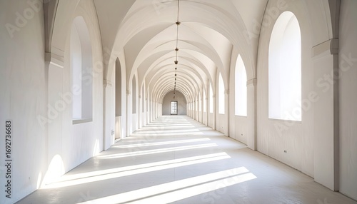 Long White Plaster Corridor with Archways and Sunlight