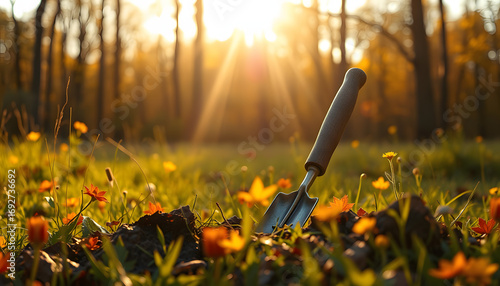 Gardening tools in natural forest background. Sunlight meadow and autumn gardening concept. Autumn work in garden, 8k  photorealism. White tone