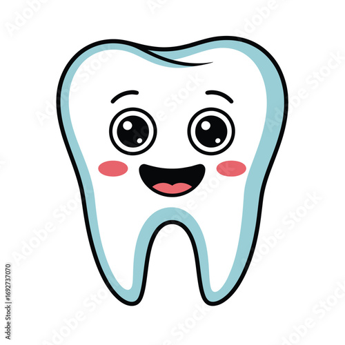 Colorful vector of a cute cartoon tooth character with big eyes, rosy cheeks, and happy smile on white background