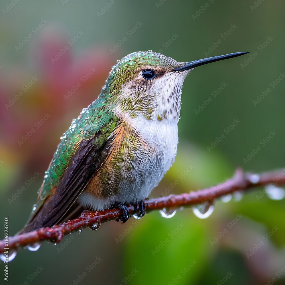 Naklejka premium Macro close up of hummingbird perched rainy twig droplets sparkling on wings cinematic wildlife portrait in detail