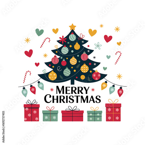 Merry Christmas Tree with Gifts and Decorations Holiday Vector Illustration