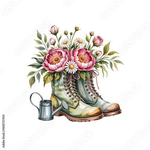 gardening boots and flowers isolated on white background