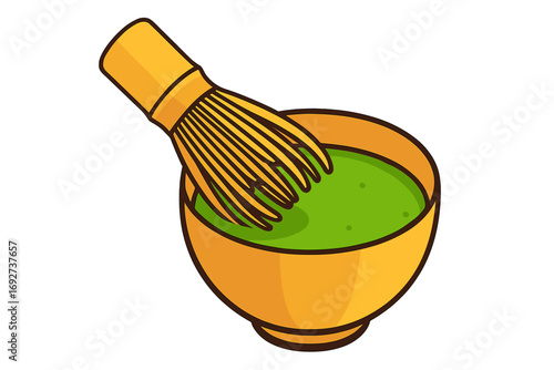 Matcha green tea whisk in bowl for traditional preparation matcha tea whisked