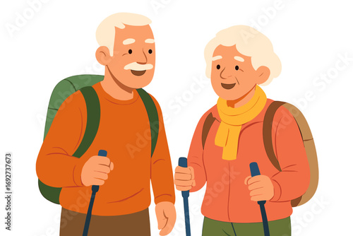 Elderly couple smiling while hiking with trekking poles in nature senior couple on nature walk