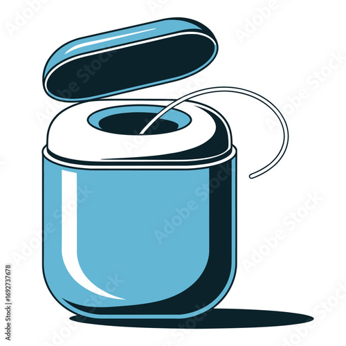 Colorful vector of a bright blue and white dental floss container with slightly pulled out floss on white background