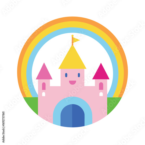 Cartoon Fairy Castle Frame with Rainbow and Princess