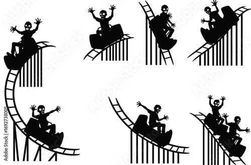 Zombies riding roller coasters in horror amusement park, creepy silhouette fun ride concept, Halloween undead thrill illustration for spooky design projects.