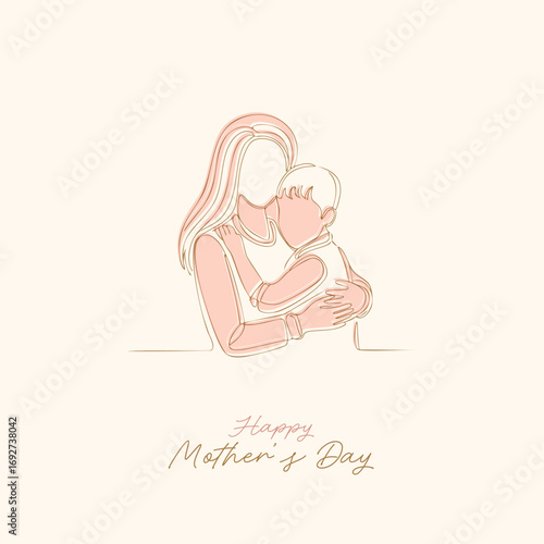 Happy Mother's Day card with a continuous line drawing of a mother and child hugging.