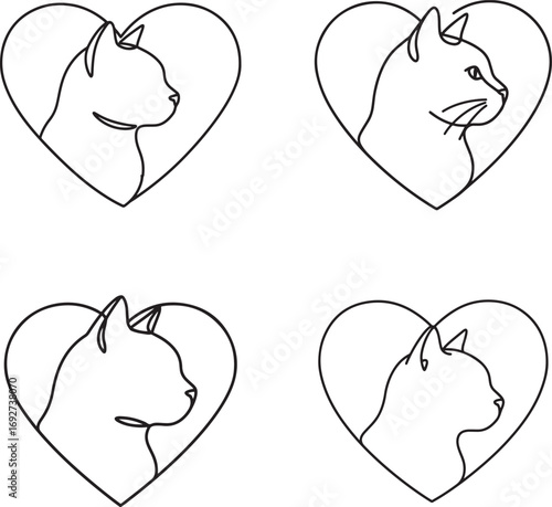 Four hearts with cat silhouettes symbolizing love for pets