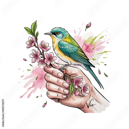 Flying swallow with Hand Holding Bird and Cherry Blossom Watercolor Illustration