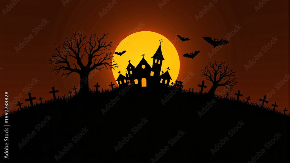 Naklejka premium Spooky Halloween Haunted House Scene with Bats