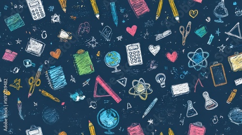 back to school doodles arranged on a dark background. A cheerful illustration features various school supplies