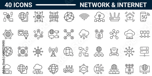 A collection of Network, Internet icons with editable stroke styles. Icons for web and mobile applications. Complete vector illustrations. A series of pictograms.