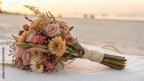 Beautiful rustic bouquet of dried flowers on sandy beach at sunset