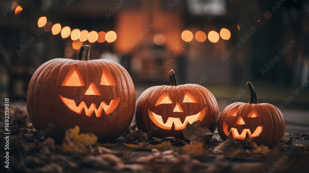 Fototapeta premium Three jack o lanterns with carved faces sitting on leaves under string lights at night in autumn season