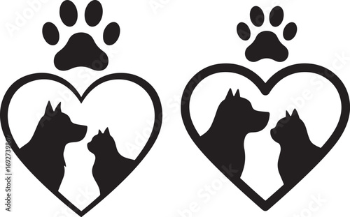 Two heart shaped silhouettes with dog cat and paw print silhouette