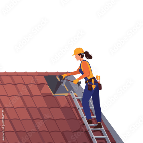 Female construction worker fixing roof with ladder on sunny day  