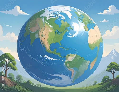 Earth globe in a landscape setting