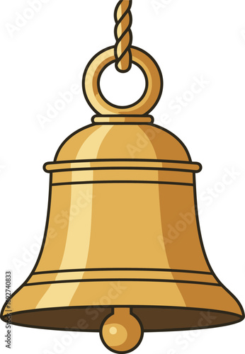 A shiny brass bell hanging from a rope, a spiritual icon used for traditional religious worship and cultural events.