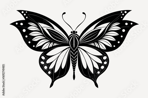 Black and white butterfly tattoo vector illustration with decorative wings