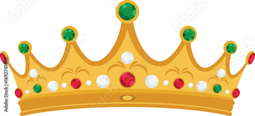 A majestic golden crown adorned with sparkling red and green gemstones, a beautiful symbol of power, supreme authority, royalty, and historical legacy.
