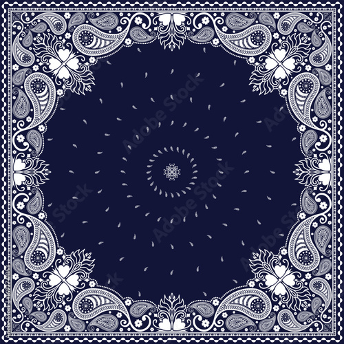 Bandana paisley square ethnic floral hand drawn pattern.Ornament classic vintage vector elements white on navy blue background.Design for scarf,headscarf,kerchief,tablecloth,print fabric,decoration.