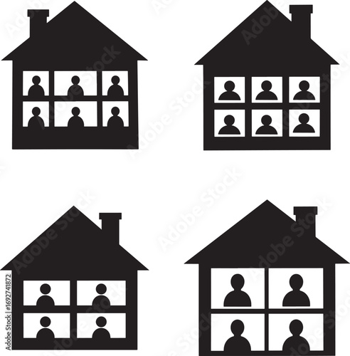 Group of houses with people in windows silhouette