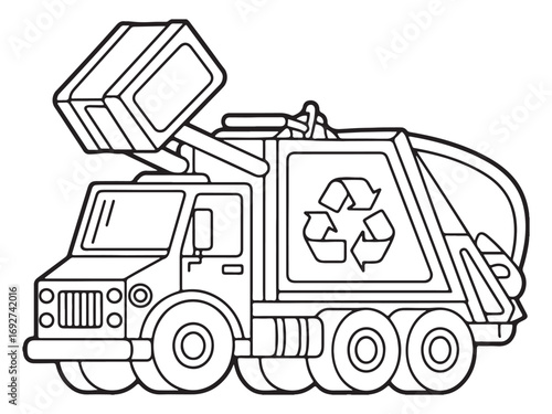 Eco-Friendly Garbage Truck with Recycling Symbol, Line Art Illustration