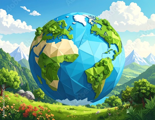 Earth in a lush, mountainous landscape