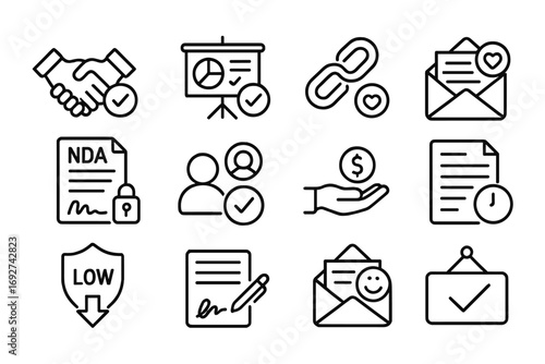 Business Proposal Icons. Line style icons of business proposal approvals: partnership accepted, pitch deck approved, synergy match