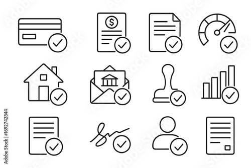 Credit Approval Icons. Line style icons of credit approvals: approved credit card, loan confirmation form, green check document,
