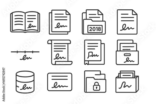 Signature Archives Icons. Line style icons of signature archives and records: signature logbook, document stack with signs,
