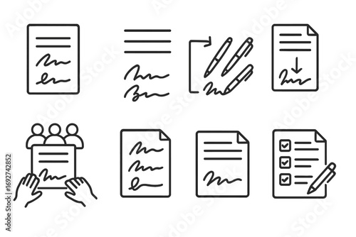 Multi-signature Document Icons. Line style icons of multi-party signatures: two signatures on one page, signature slots icon,