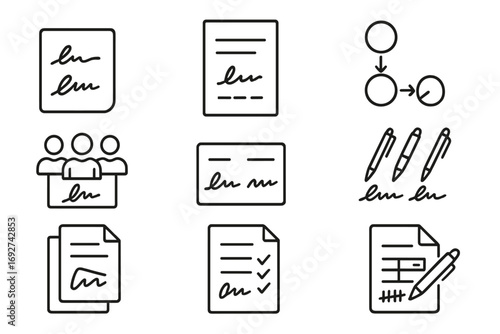 Multi-signature Document Icons. Line style icons of multi-party signatures: two signatures on one page, signature slots icon,