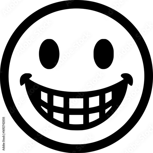 Minimalist black and white vector of a grinning face, bold line art, high contrast modern logo