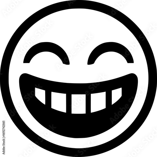 Minimalist black and white vector of a grinning face, bold line art, high contrast modern logo
