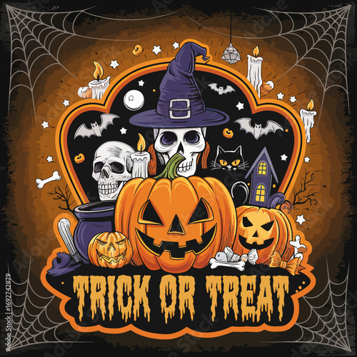 2d vector illustration Halloween t shirt icon design items ghost character Candles in carved pumpkin 