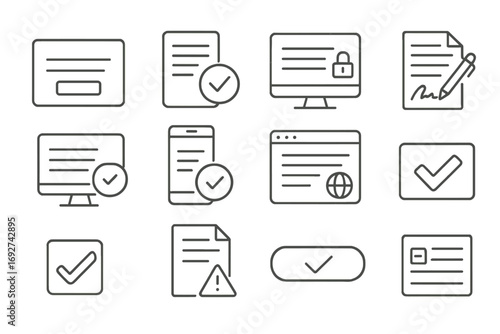 Digital Agreement Icons. Line style icons of digital agreements: user agreement popup, terms of service checkmark, privacy policy