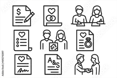 Marriage Agreement Icons. Line style icons of marriage agreements: prenuptial document, wedding contract, couple signing paper,