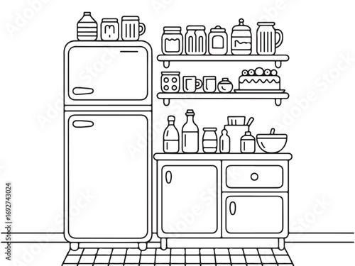 Simple Line Art of a Kitchen with Refrigerator, Jars, and Cups