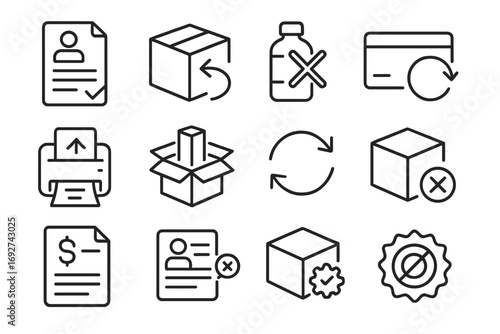 Product Return Icons. Line style icons of product returns: return request form, arrow back on box, crossed product icon, refund