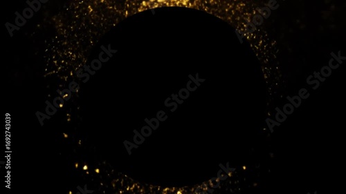 Beautiful golden glitter particles fall from the top and bottom to reveal a central black circle. This elegant and festive animation is perfect for a luxurious logo or title reveal