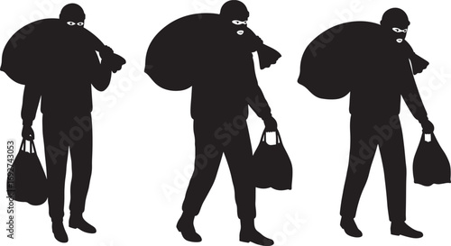 Three thieves carrying large sacks and bags silhouette