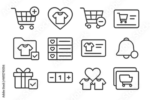 Shopping Icons Collection. Line style icons of cart and wishlist management: add to cart button, heart with product icon, remove